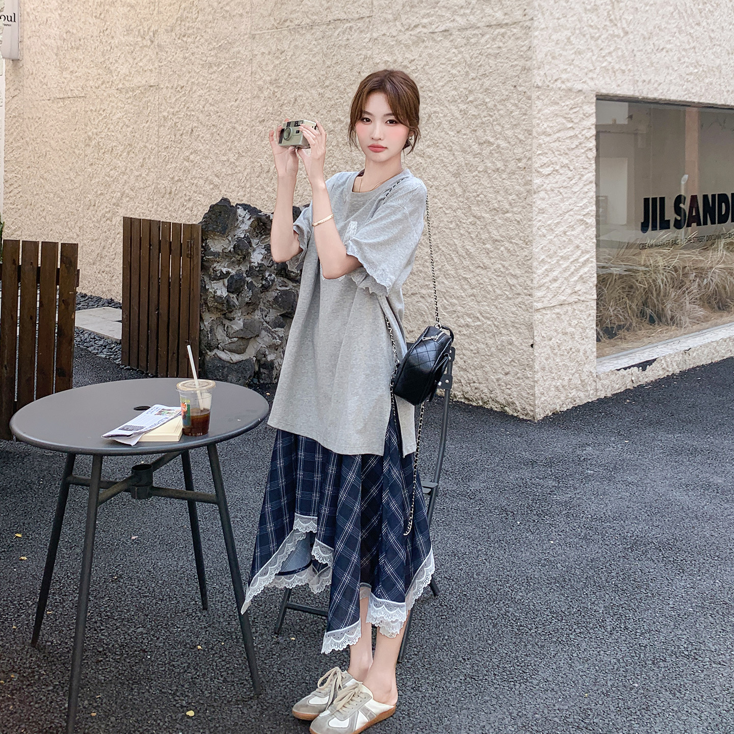 韩系假两件T恤连衣裙女2025夏季新款设计感格子蕾丝拼接减龄长裙