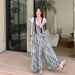 设计感晕染条纹背带裤 女2025年夏季 新款 韩系慵懒风宽松显瘦阔腿裤