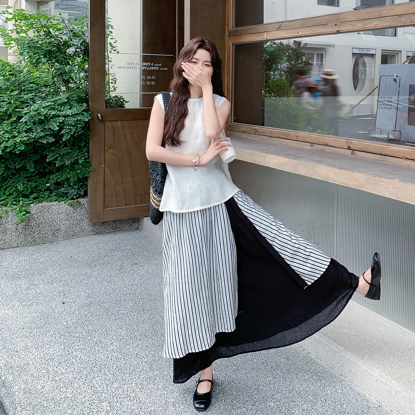 法式条纹拼接半身裙套装女2025年夏季新款时尚气质无袖背心两件套