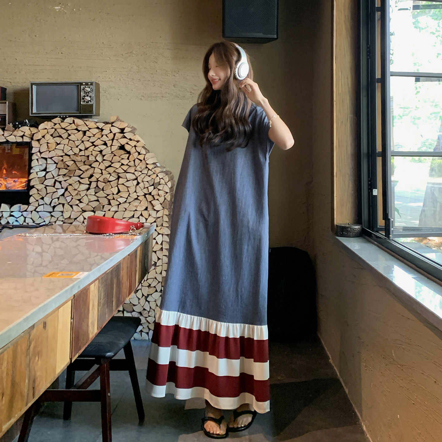 撞色条纹拼接连衣裙女2025夏季新款慵懒风松弛感宽松休闲T恤长裙