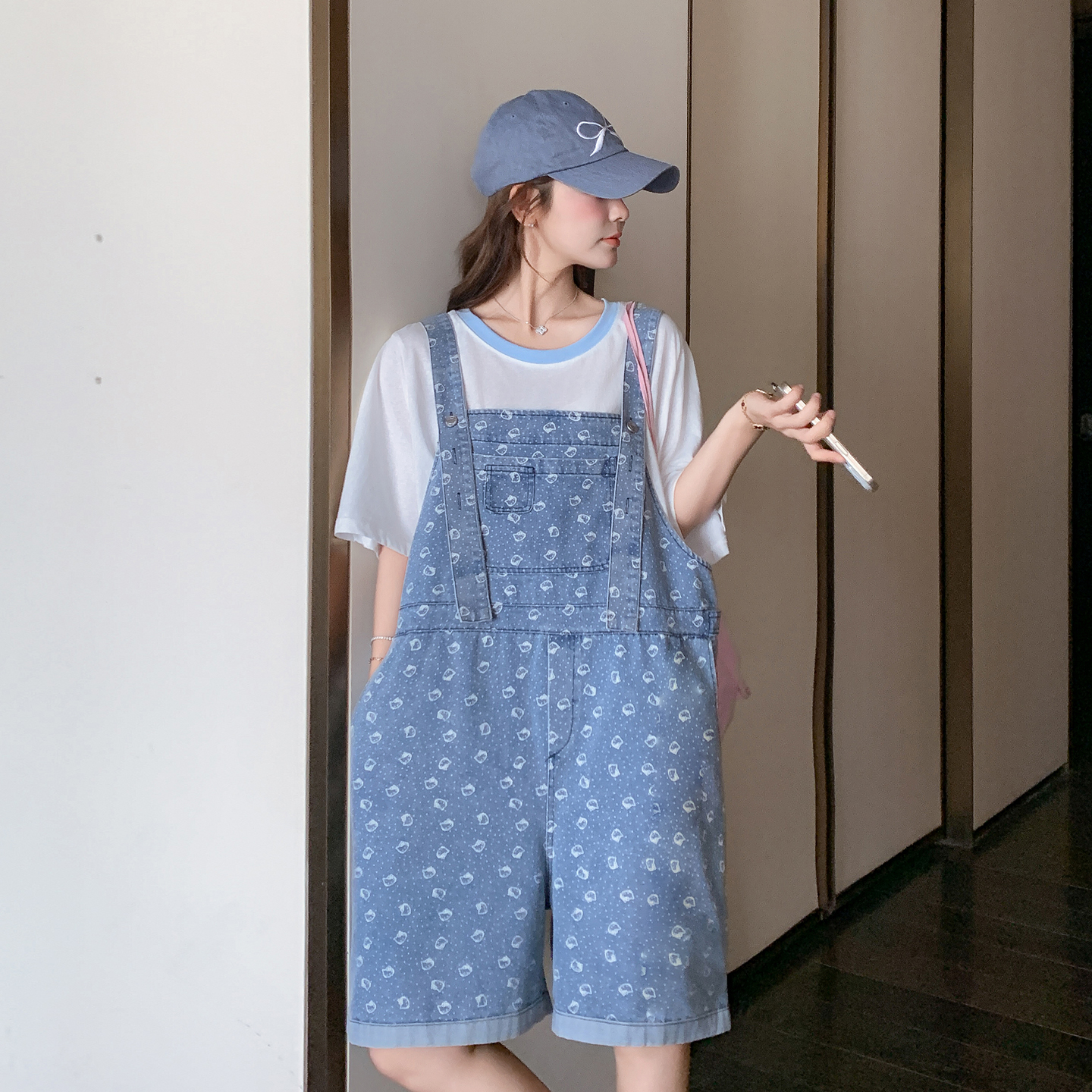 蓝色印花牛仔背带裤套装女2025夏季新款韩版小个子短袖T恤两件套