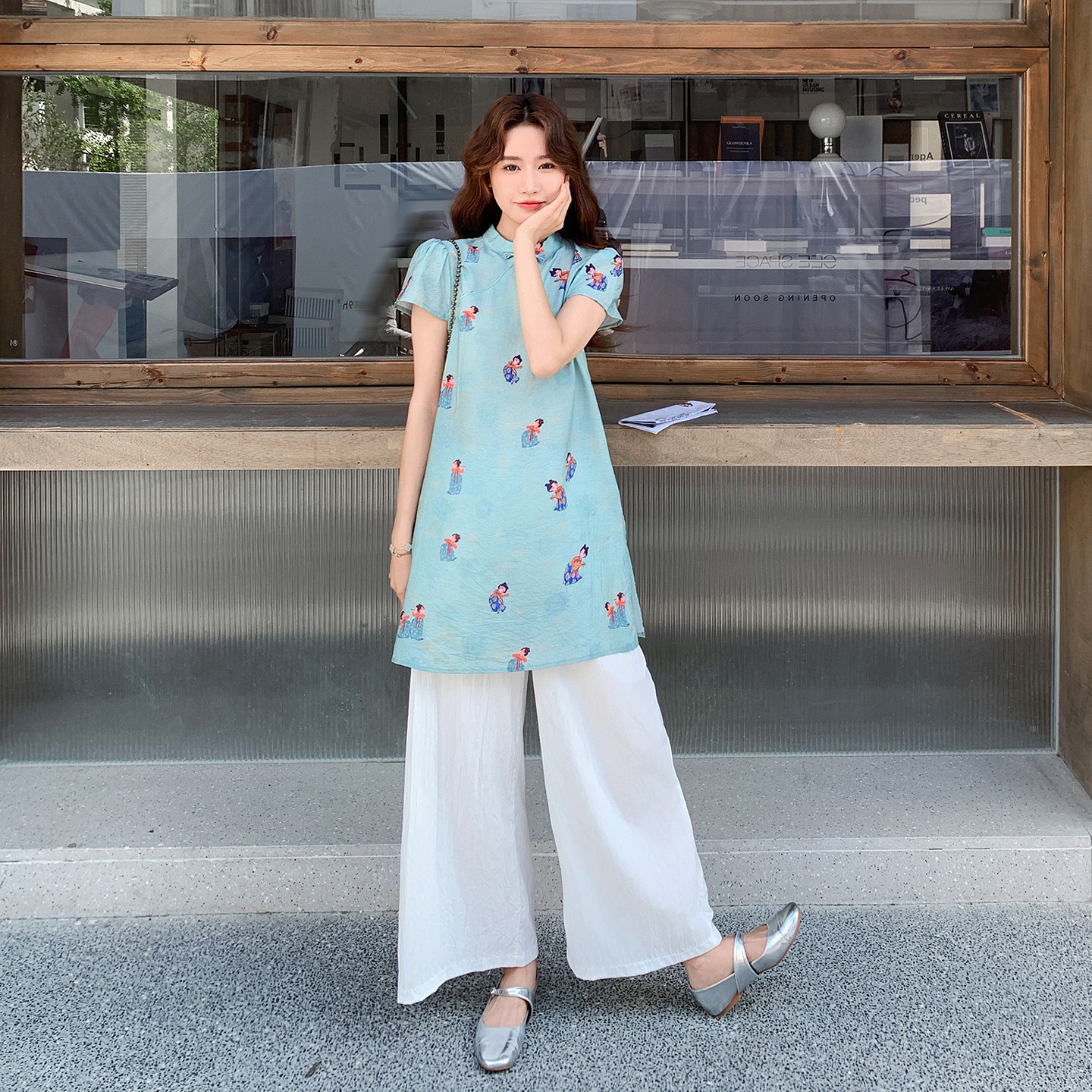 蓝色设计感改良旗袍套装女2025夏季新款印花上衣宽松阔腿裤两件套