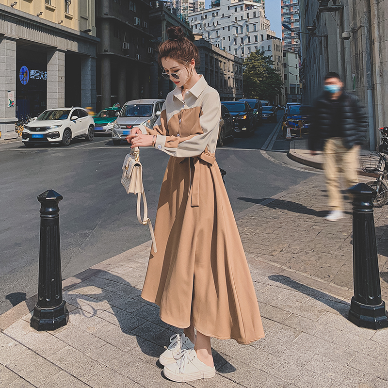 高级感拼接衬衫长袖连衣裙女春季2025新款长款气质女神范法式长裙
