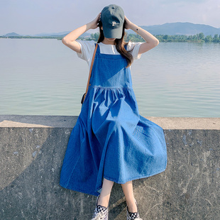 巨好看胖mm微胖休闲显瘦减龄裙子 蓝色牛仔背带连衣裙女夏2025新款
