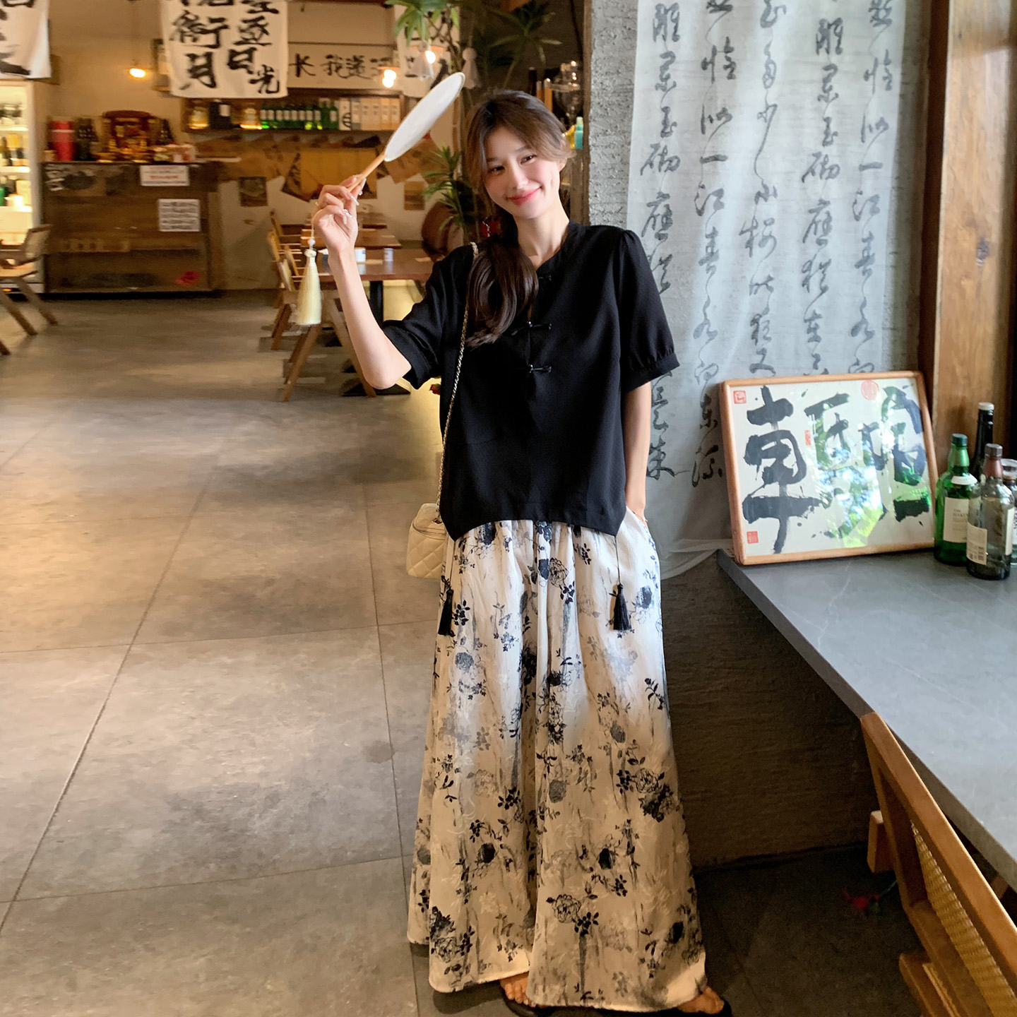 新中式国风盘扣上衣套装女2025夏新款气质高级感印花阔腿裤两件套
