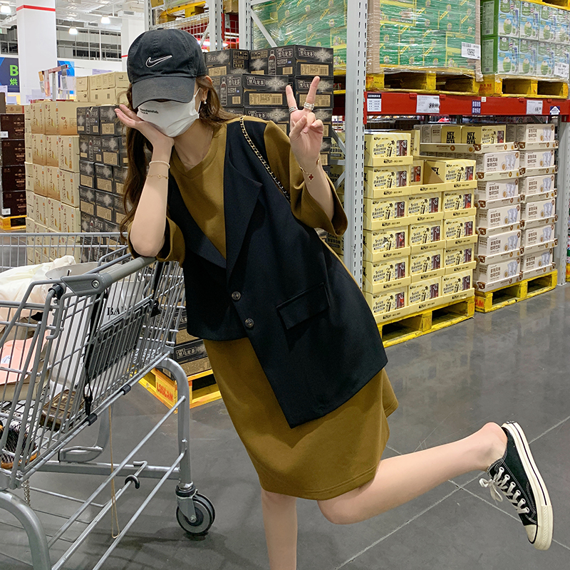 法式设计感假两件连衣裙女夏小个子2025新款韩版宽松显瘦t恤裙子