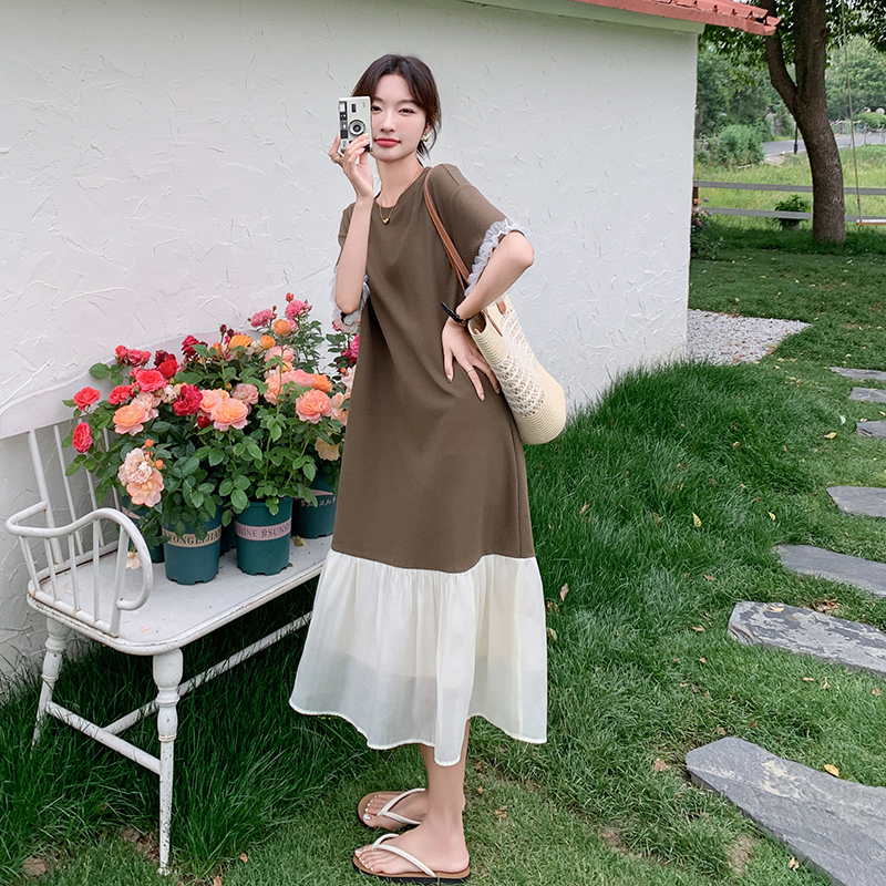 咖色假两件拼接连衣裙女2025夏季新款高级感超好看休闲显瘦T恤裙