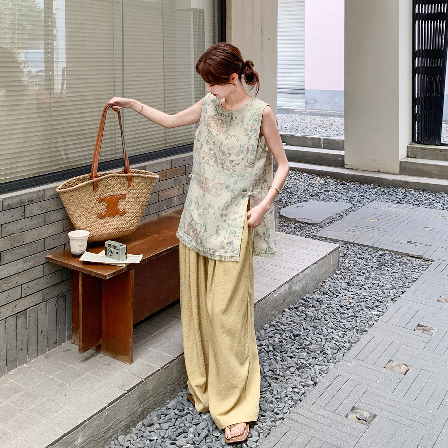 国风新中式背心套装女2025夏季新款印花无袖上衣宽松阔腿裤两件套