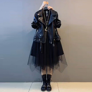 胖MM拉链皮衣克外套连衣裙显瘦套装 时尚 大码 机车春秋2024新款 女装