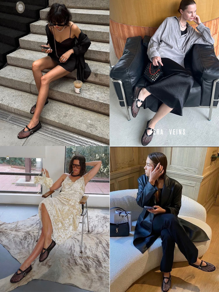 MESH FLATS FASHION SANDALS WOMENS 2024 SUMMER FULL DIAMOND FLATS CUT-OUTS MARY JANE BALLET SHOES FISHNET SHOES