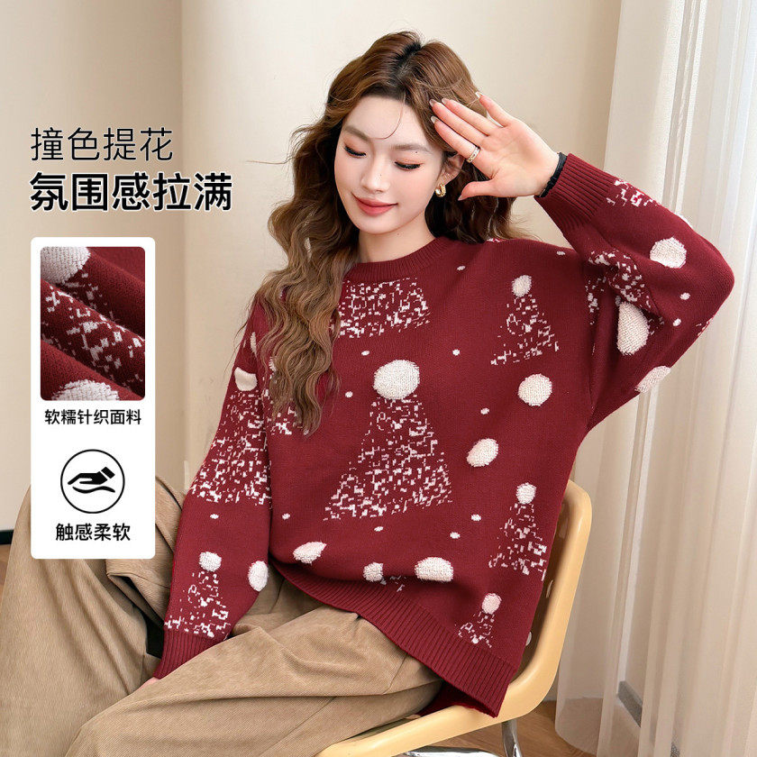 FEIMI妃秘新款圣诞红色毛衣女圆领宽松显瘦针织衫内搭上衣多巴胺