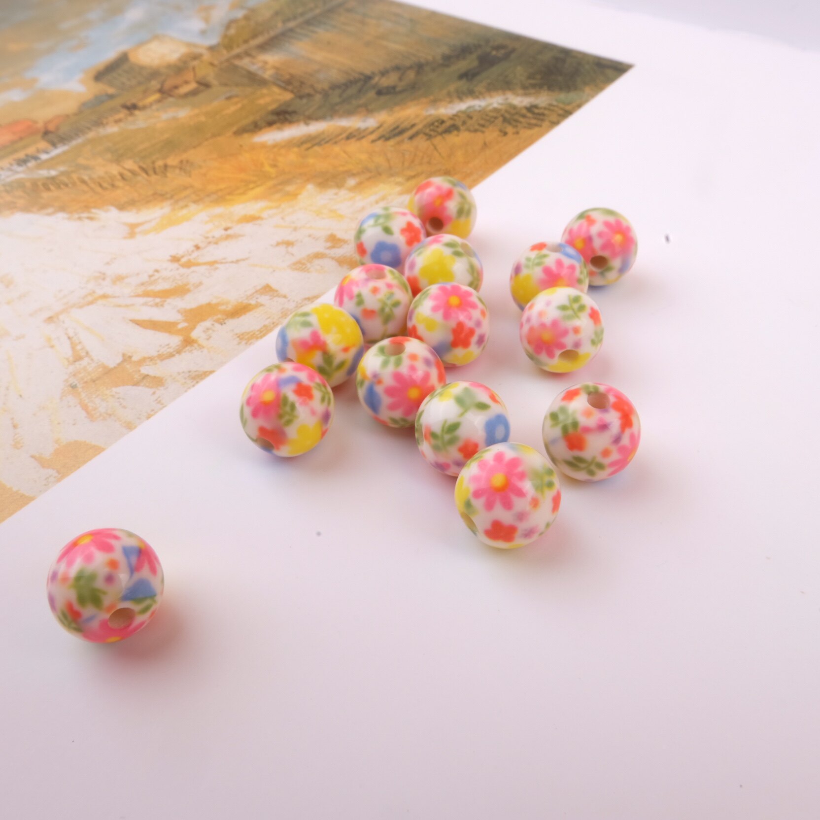 VINTAGE PRINT ACRYLIC VINTAGE SMALL FRESH COLOR BEAD EARRINGS BRACELET JEWELRY DIY 10MM STRAIGHT HOLE BEADS