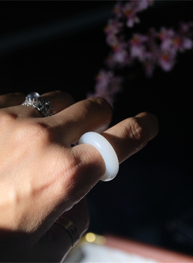 住朴-和田玉白玉戒指俄料指环圈口13.5#