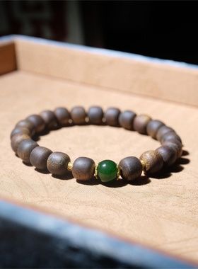住朴-原创天然老料奇楠沉香+碧玉+18k黄金手串男女手链生日礼物