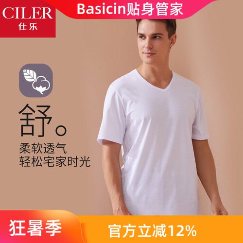 仕乐夏季男士莫代尔棉T恤短袖休闲基础打底白色薄款大码v领贴身