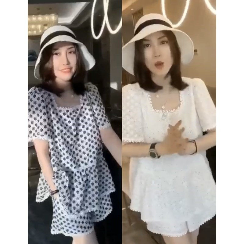 清仓不退换欧货重工方领亮片刺绣小花A版上衣+松紧腰阔腿短裤套装