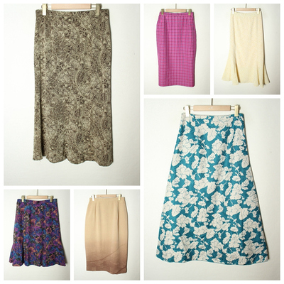 古着Vintage日制春夏季女纯色碎花中长款大花半身裙（拉链腰）100