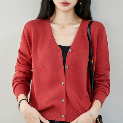 纯棉V领纽扣短款针织开衫女纯色