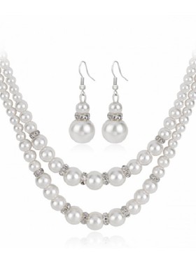 欧美亚马逊时尚多层珍珠项链耳环两件套女项饰合金镶钻珍珠套装