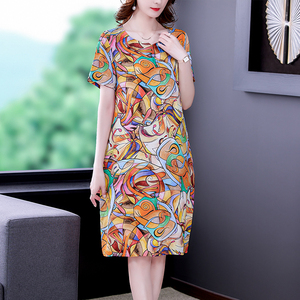 RM5732#棉麻连衣裙女夏季新款民族风印花宽松大码短袖遮肚苎麻连衣裙女