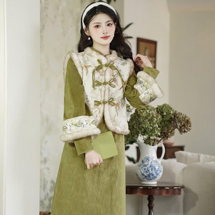 2024年新款旗袍女中式女装中国风国风马甲秋冬新中式国风冬装套装