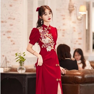 红色旗袍敬酒服年轻款气质高端女秋款新娘伴娘服新中式改良连衣裙