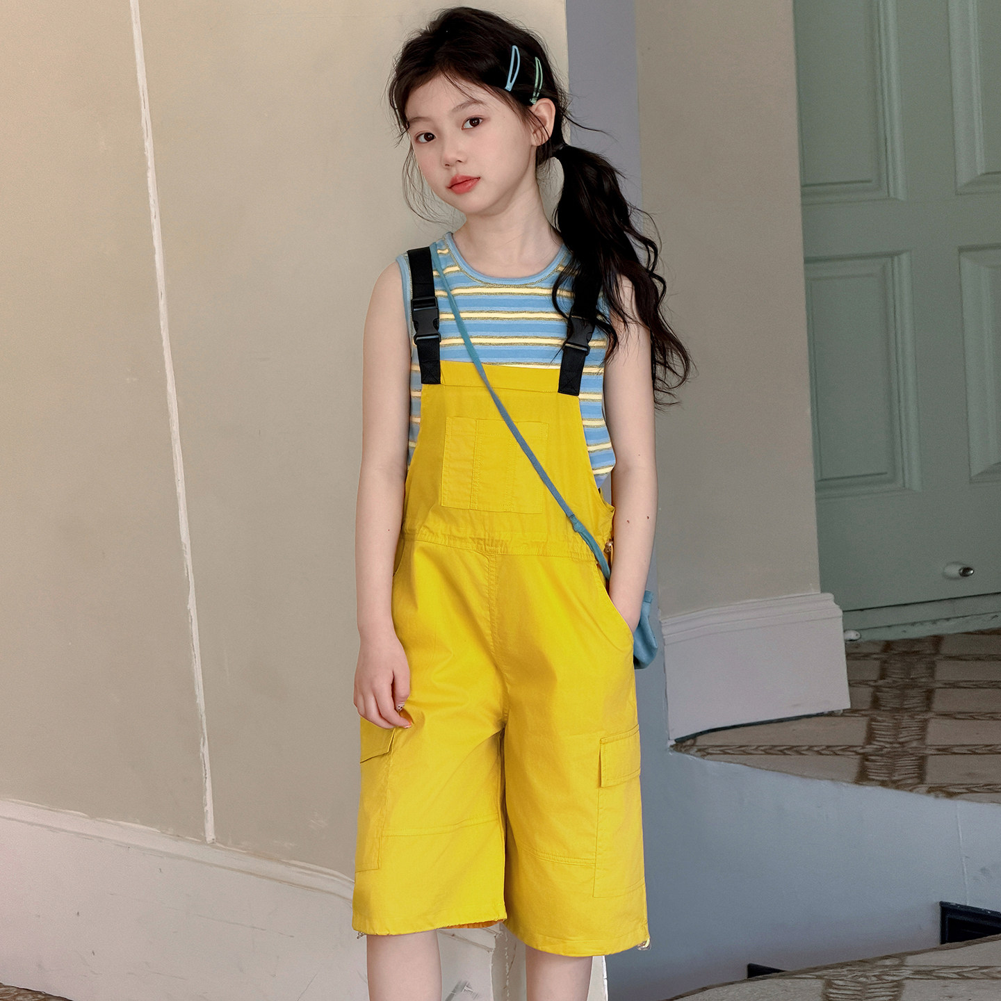 女童夏季条纹背心工装五分裤套装