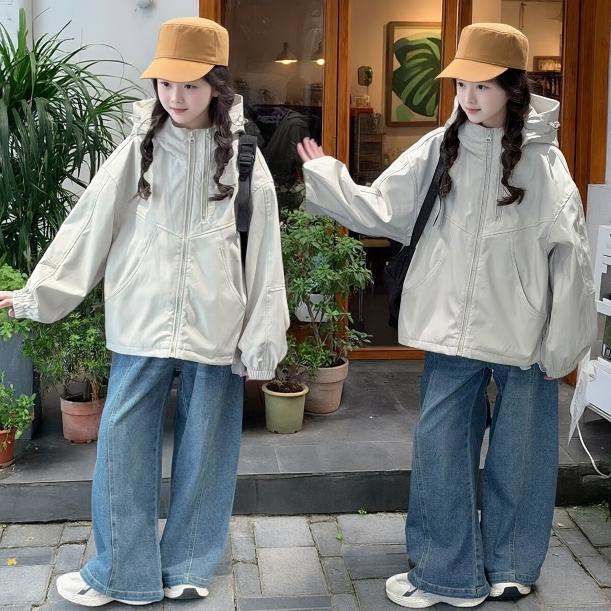 双拉链冲锋衣外套+牛仔裤