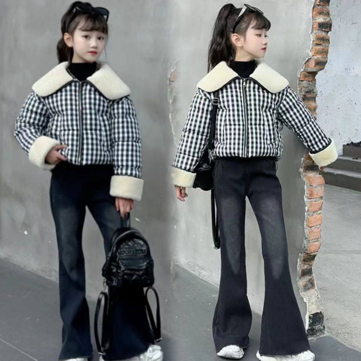 加厚短款棉服+加绒牛仔裤