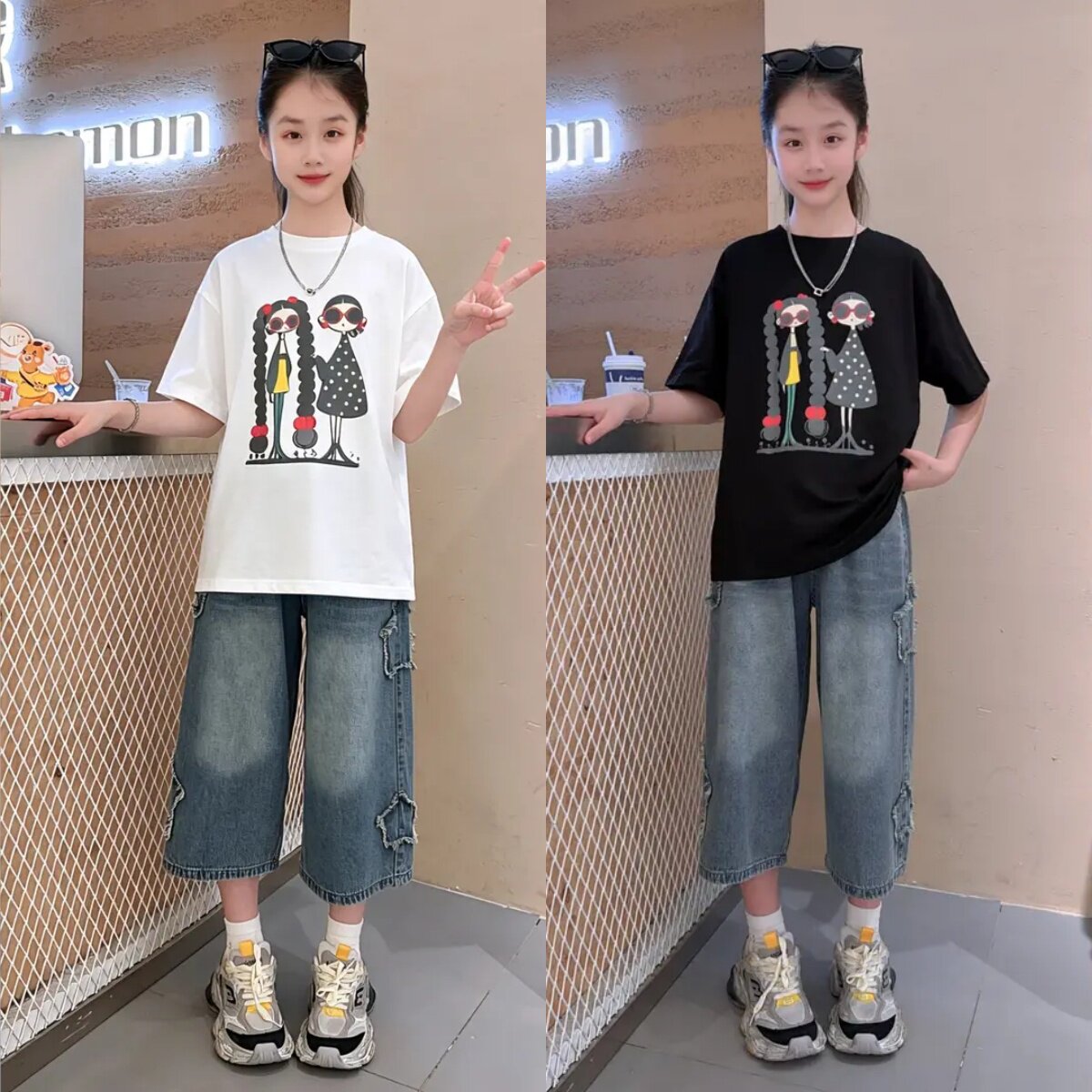 女童夏季韩系短袖T恤牛仔套装