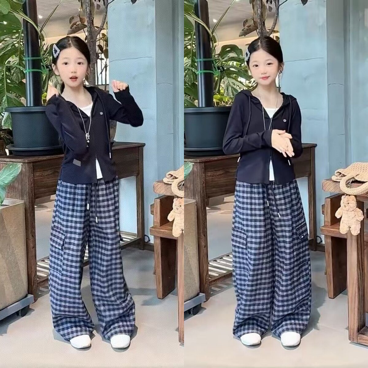 韩版连帽修身卫衣阔腿格子工装裤