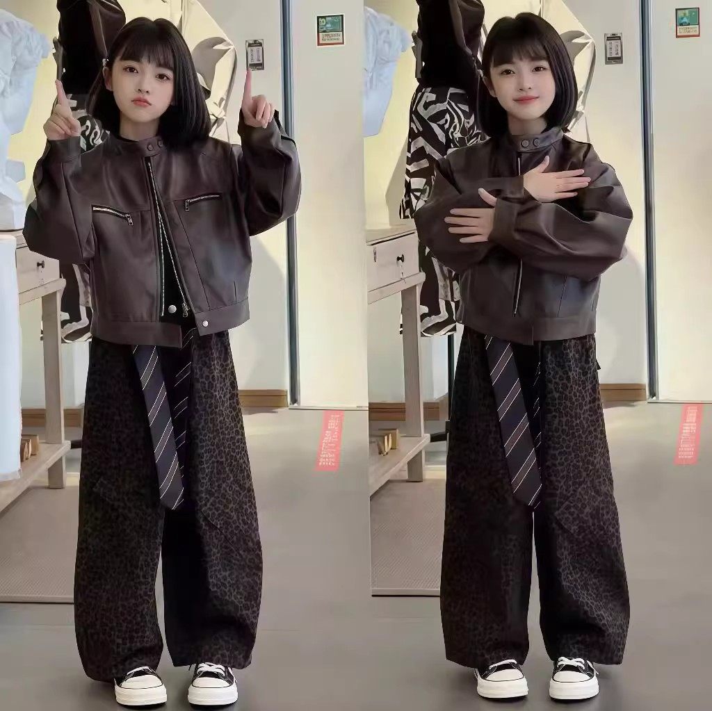 港风复古短款机车服皮衣+豹纹裤