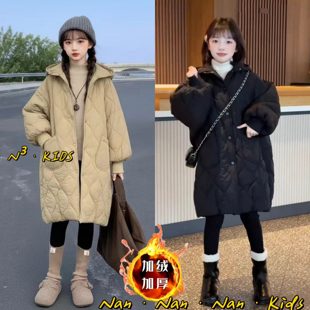 女童冬季加绒加厚棉服外套2025新款中大童冬装中长款连帽棉衣棉袄