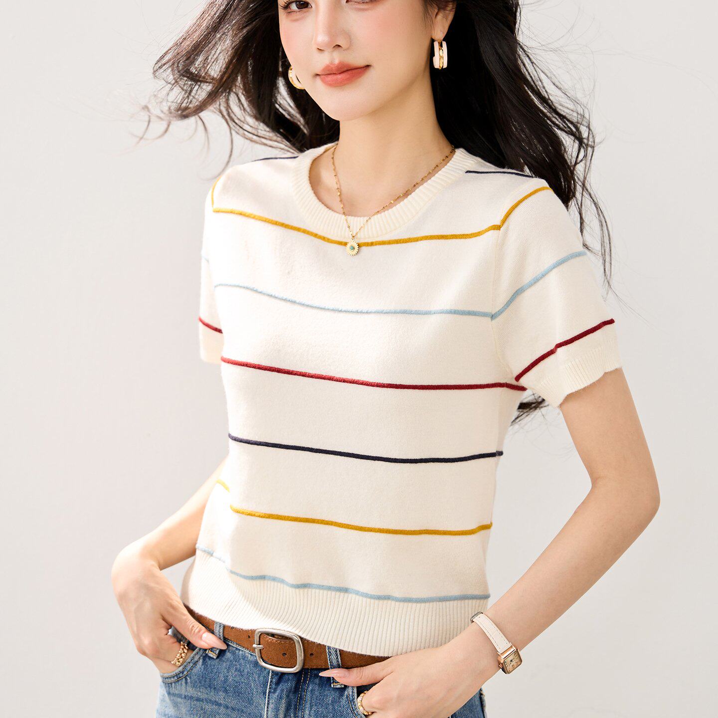实拍2026春夏季新款短袖上衣女拼色条纹时尚薄款韩版短款针织衫女