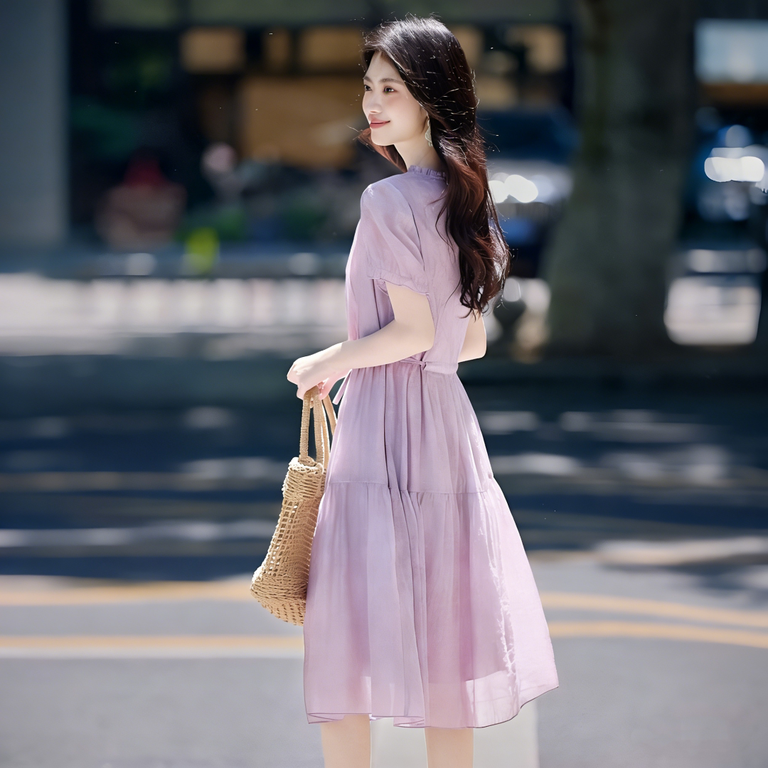 优雅气质珍珠系带褶皱领纯色裙女短袖2026夏季新款紫色V领连衣裙