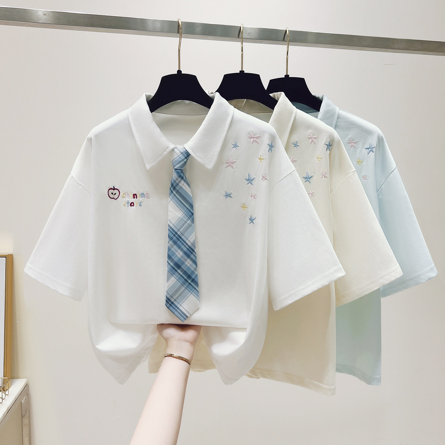 实拍白色短袖T恤女2026新款学院风领带宽松小个子短款上衣