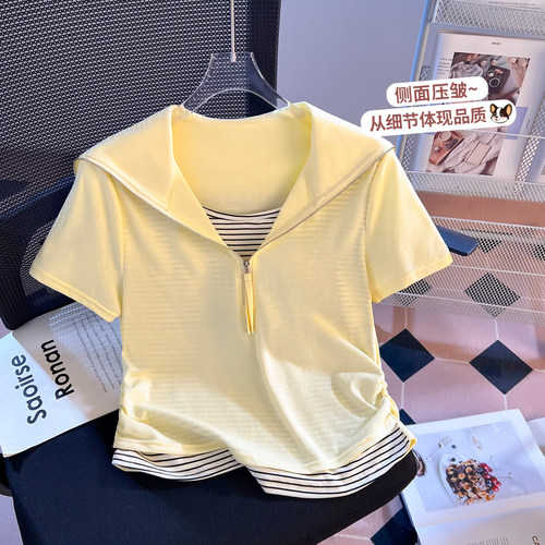 实拍韩系设计感撞色假两件海军领短袖T恤女夏季爆款时尚小衫上衣