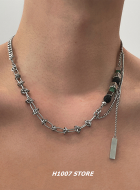 原创设计火山石方块串珠男款项链女小众设计锁骨链民族风颈链饰品