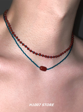 新中式串珠氛围感男锁骨链女天然石项链小众设计双层叠戴颈链古风
