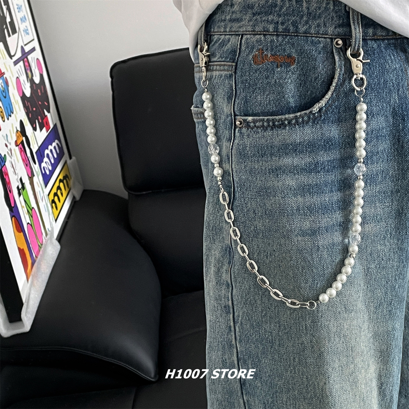 珍珠冰块链条拼接嘻哈风男款裤链女小众设计感腰链牛仔裤工装裤链