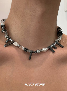 暗黑风重工不规则串珠男款项链女小众设计感颈链嘻哈锁骨链毛衣链