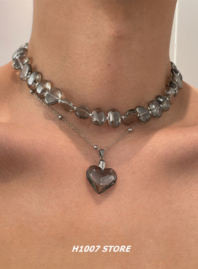 不规则透明灰琉璃爱心双层叠戴项链男小众设计锁骨链女毛衣链新款