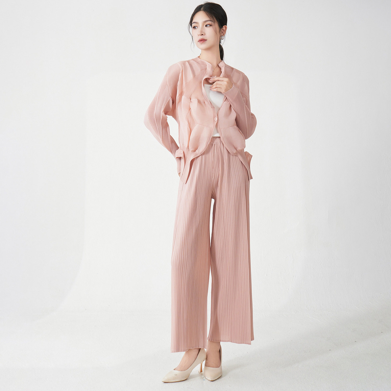 三宅风褶皱 看看のPLEATS 褶皱休闲两件套不规则上衣外套直筒裤子