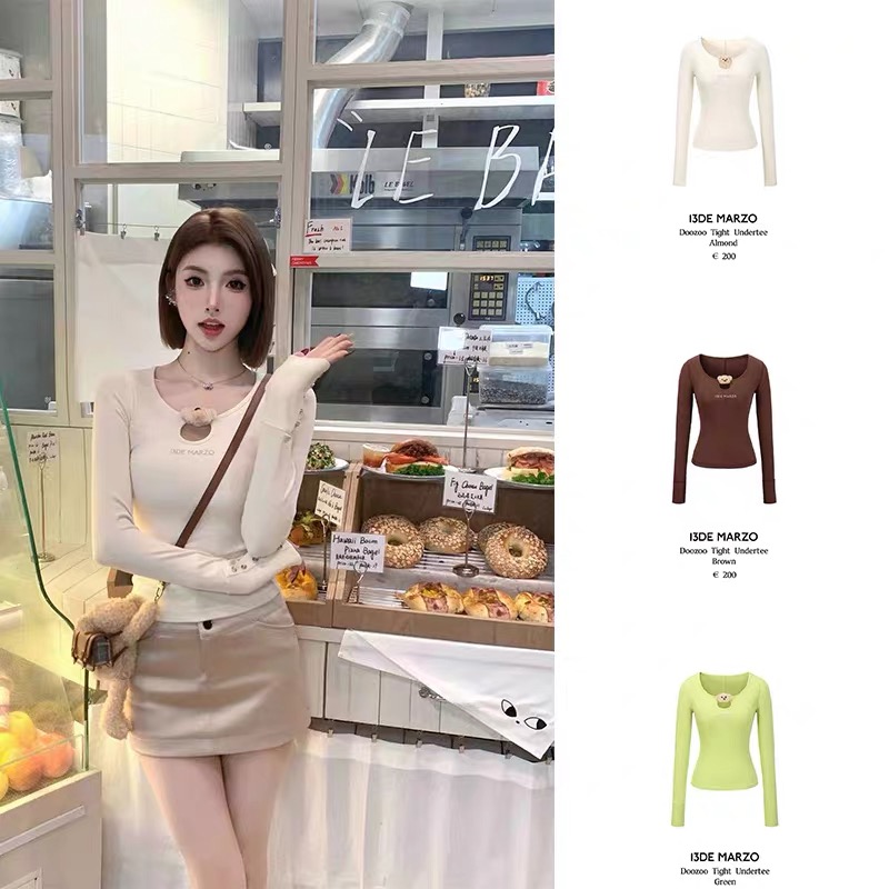 2025春秋新款 胸口镂空小熊装饰长袖上衣女士修身内搭外穿长袖T恤