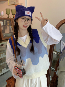 撞色渐变毛衣马甲针织衫女春秋季2023新款宽松设计感小众背心上衣