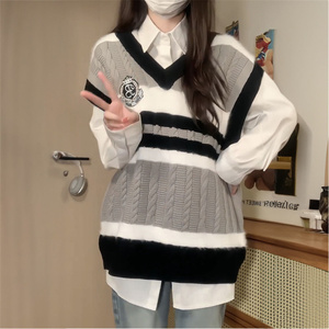 学院风日系针织衫马甲背心女秋冬季叠穿宽松慵懒无袖坎肩毛衣外搭