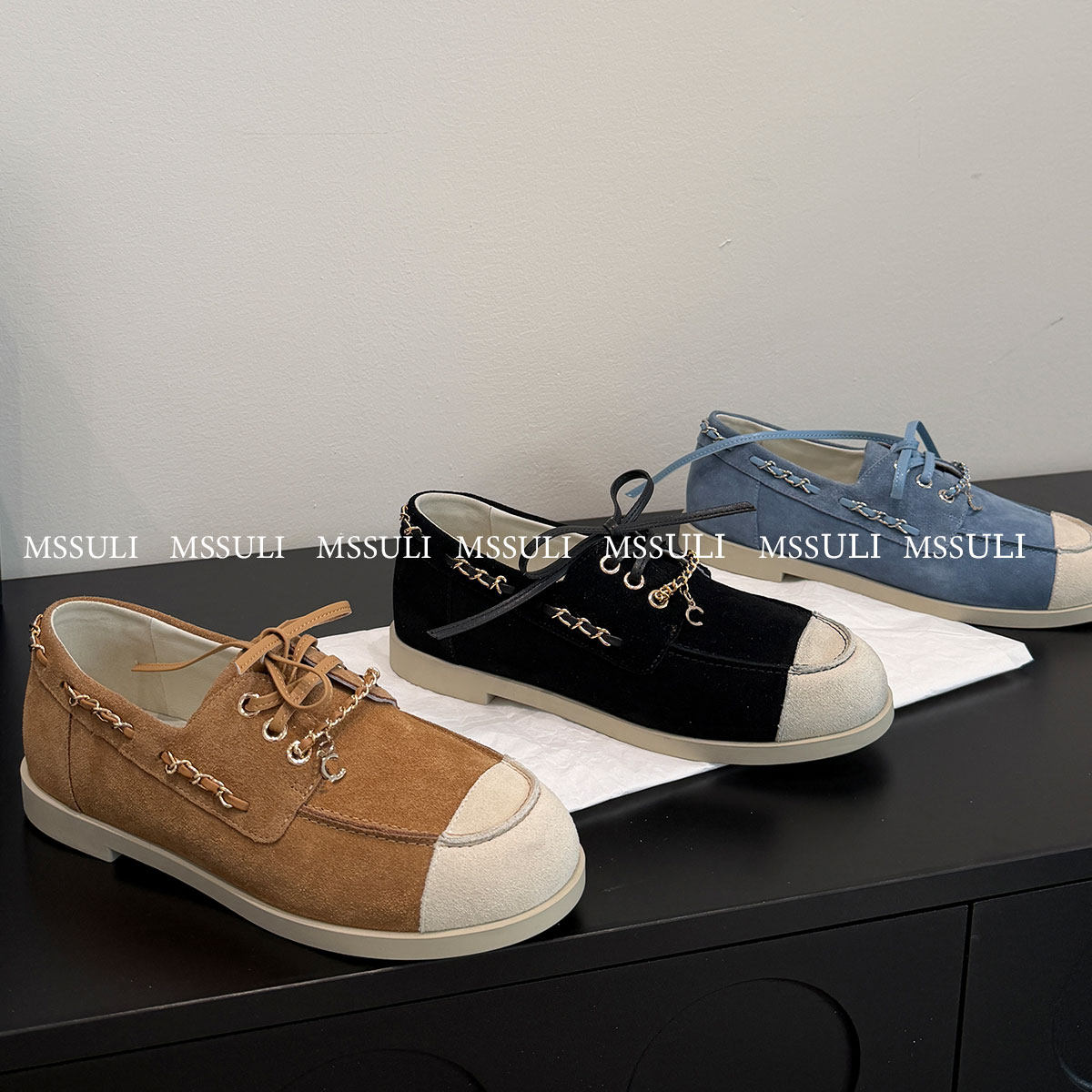 顶配版！26C麂皮绒拼色系带乐福鞋链条平底鞋休闲鞋单鞋女