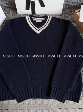 学院风！26早春蓝色撞色V领百搭羊毛针织毛衣