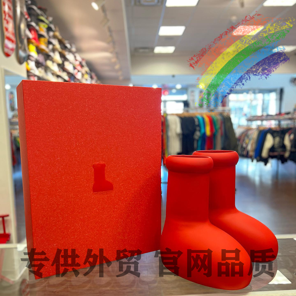 MSCHF 2023SS big red boot时装雨鞋红色纯色圆头平底EVA橡胶长靴 女鞋 时装靴 原图主图