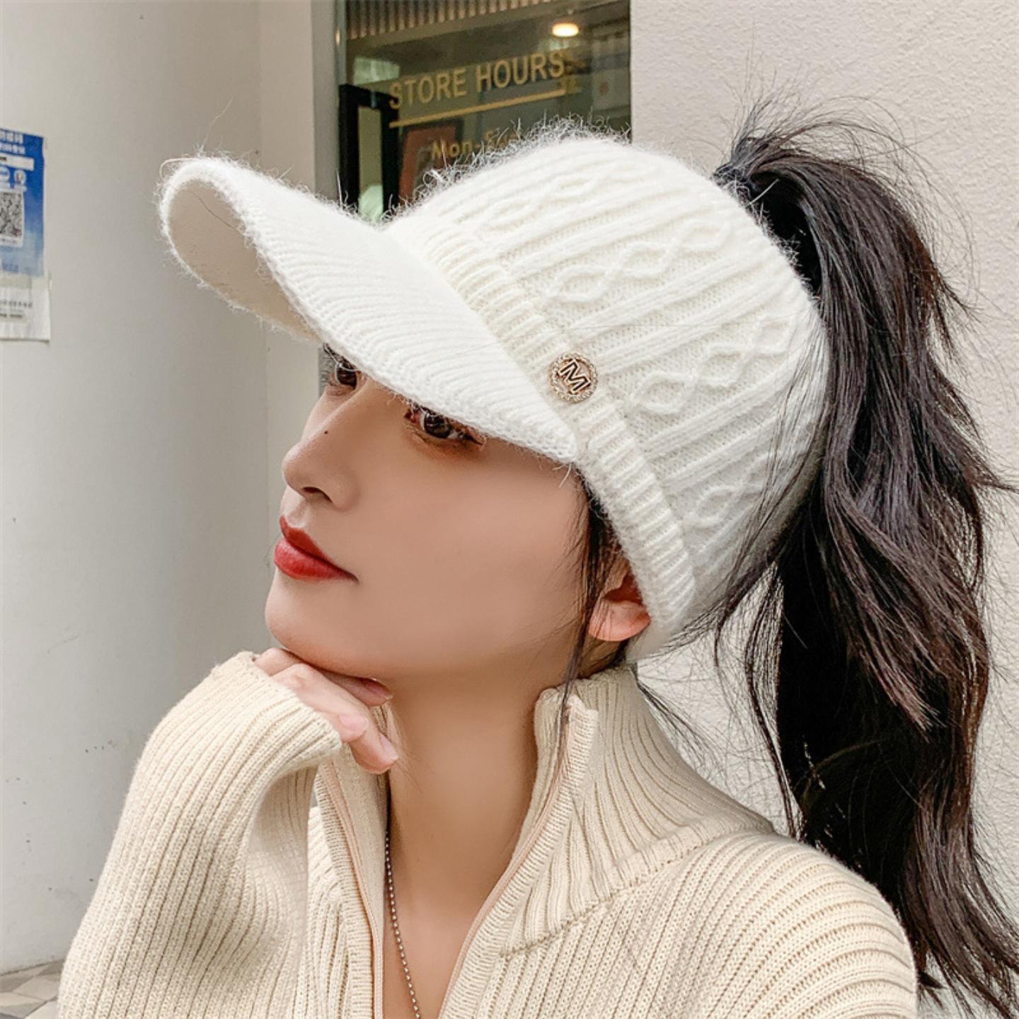 女秋冬季韩版空顶帽百搭针织兔毛线帽加绒加厚保暖护耳鸭舌棒球帽
